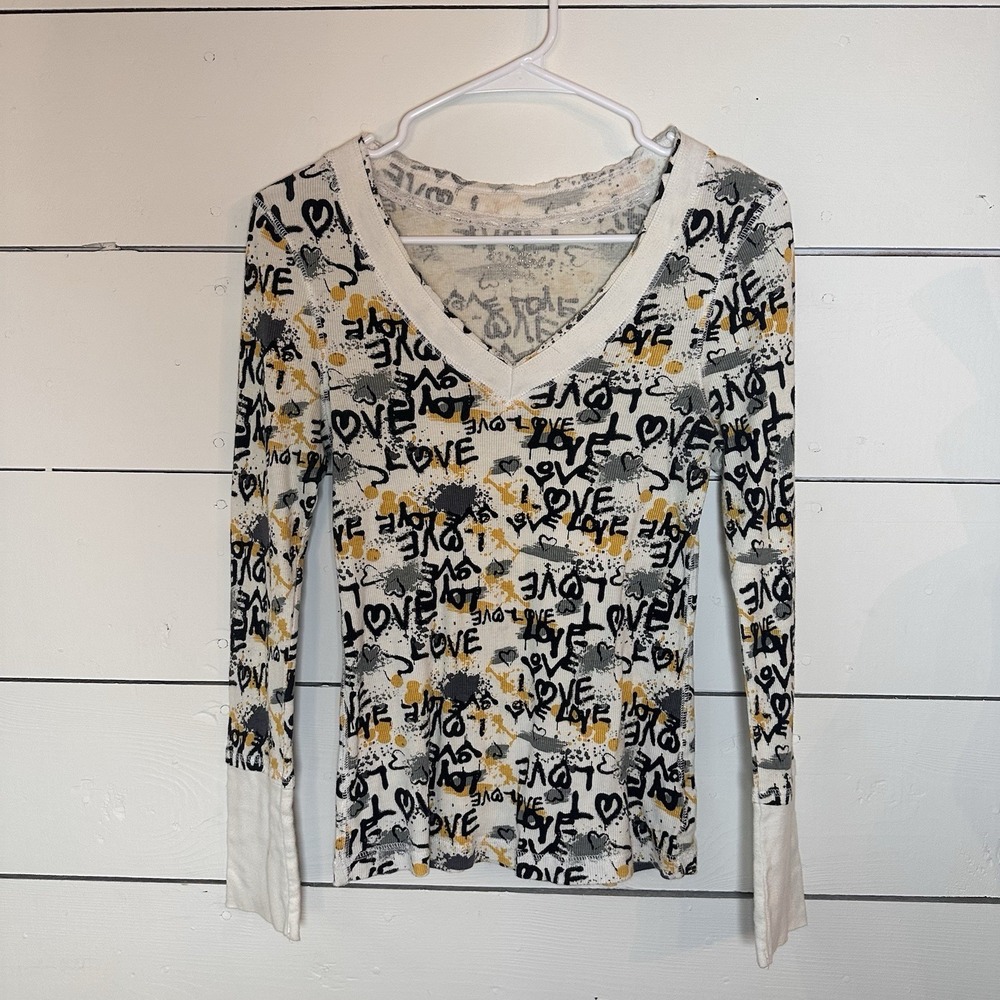 Y2K Womens S Graffiti Love Yellow Black Long Sleeve Top Grunge Avril Punk Cotton